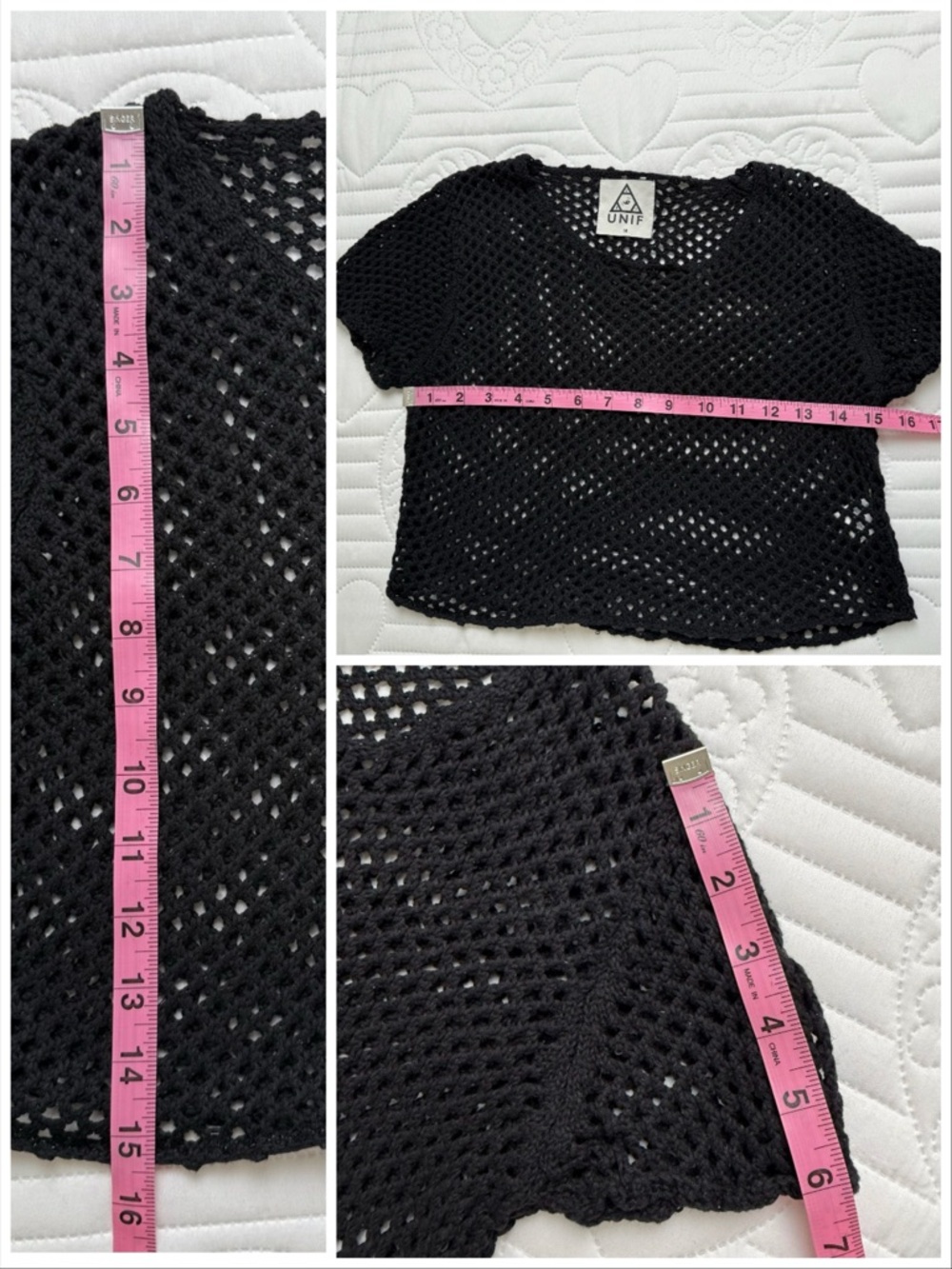 UNIF Black Open Knit Crochet Cropped Shirt Top Medium - Picture 8 of 8
